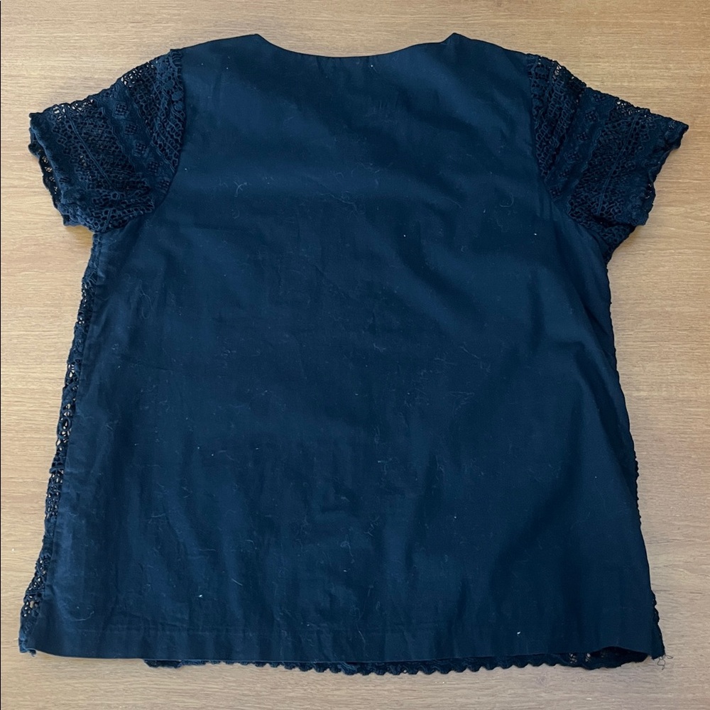J. Crew Black Cotton Lace Blouse, Round Neck, Short Sleeves, Lined, Size 10 - Picture 2 of 11